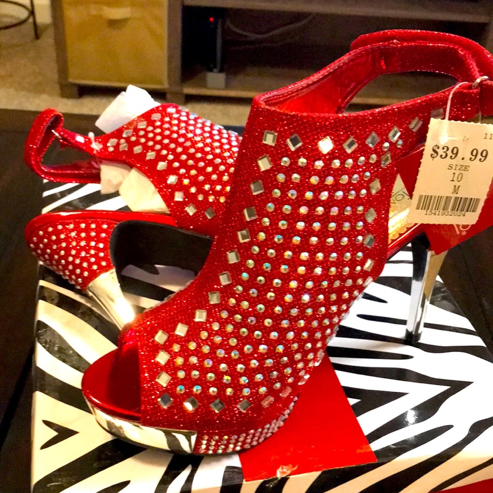 Shoes - Red, silver, and red glitter 3 inch heels. Size 10M. NEVER WORN.